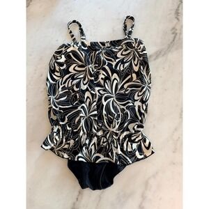 Beachsissi Black White Abstract‎ Floral Blouson Tankini Top Ruffle Hem Womens L